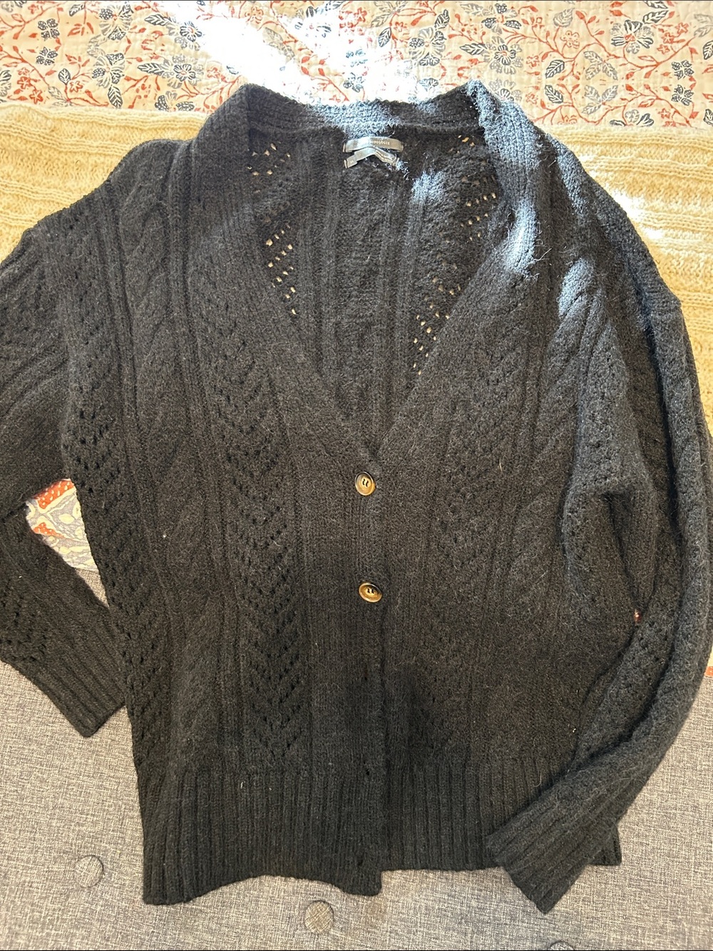 Classic Black Open-Knit Button Cardigan Sweater